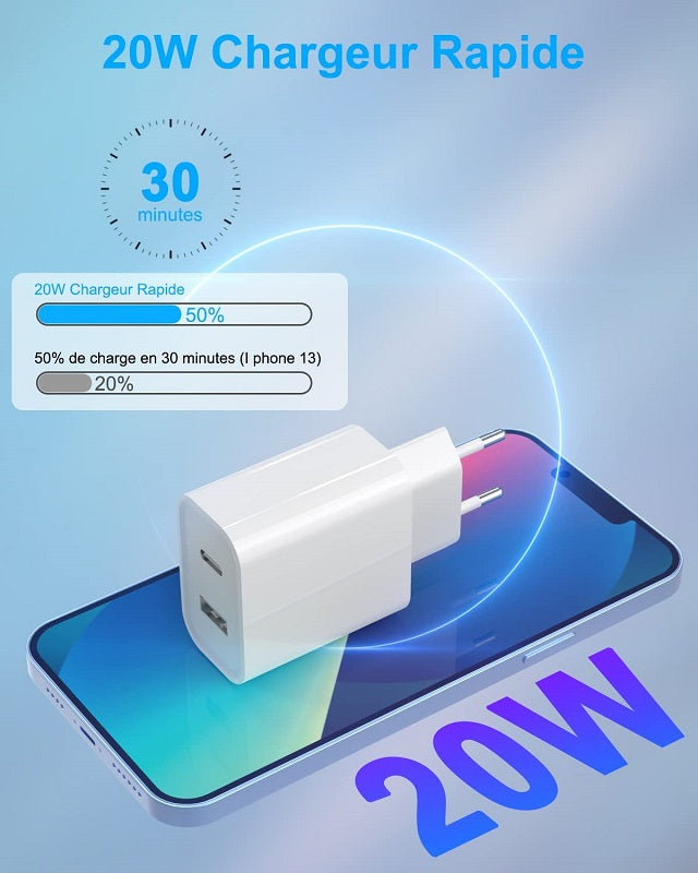 Chargeur USB C Rapide 20 W Secteur Pour iPhone 15/14/13/12 Samsung S23/S22/S21