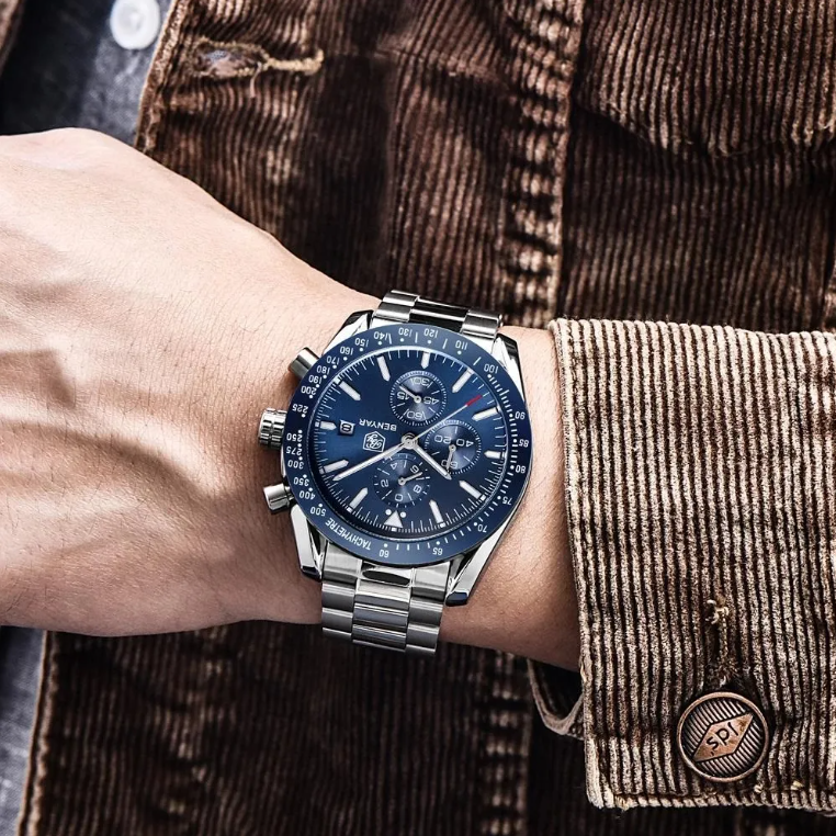BENYAR Montre Homme Chronographe Etanche Lumineuse Classique Argent Bleu