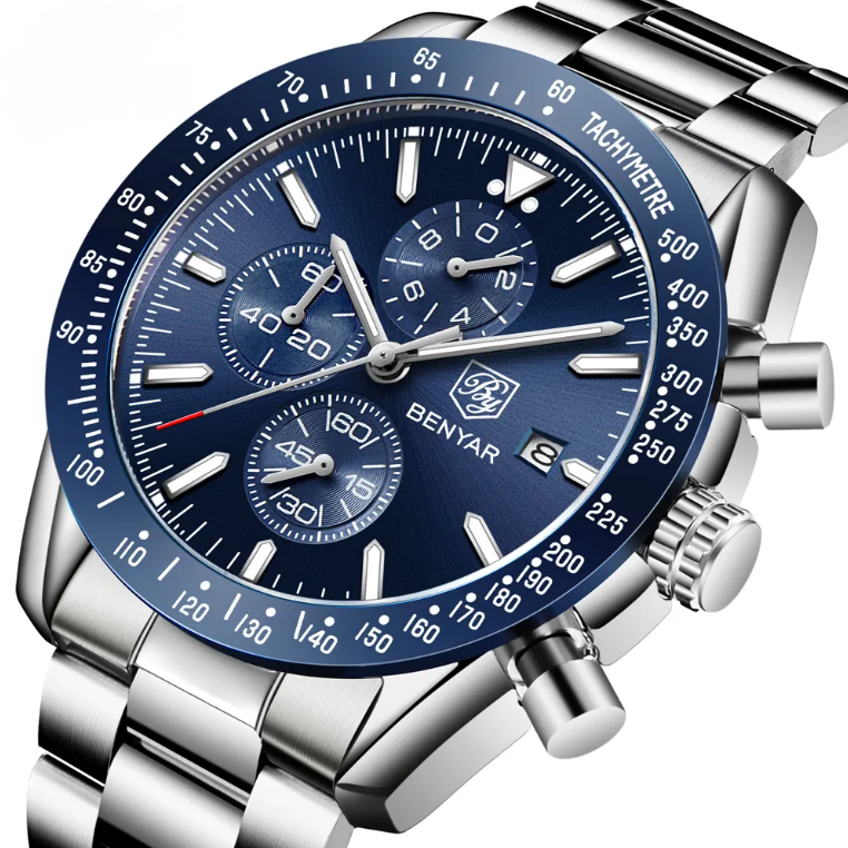 BENYAR Montre Homme Chronographe Etanche Lumineuse Classique Argent Bleu