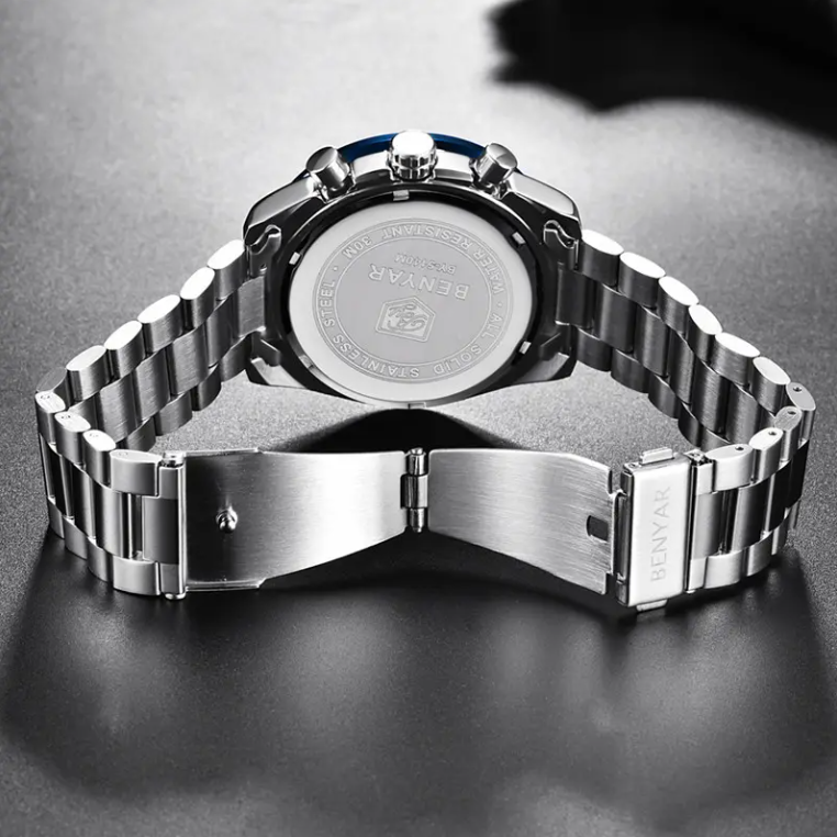 BENYAR Montre Homme Chronographe Etanche Lumineuse Classique Argent Bleu