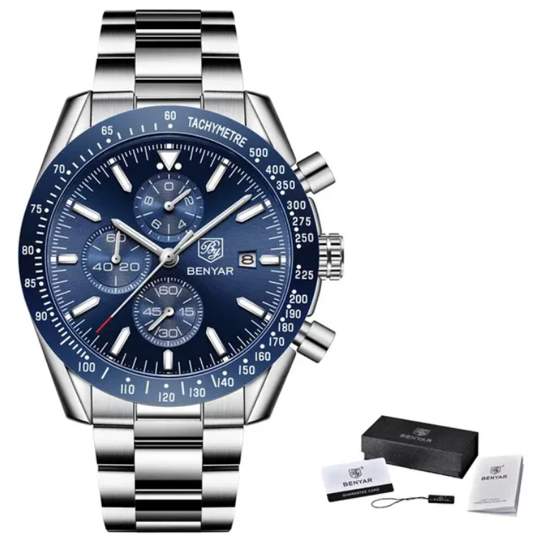 BENYAR Montre Homme Chronographe Etanche Lumineuse Classique Argent Bleu