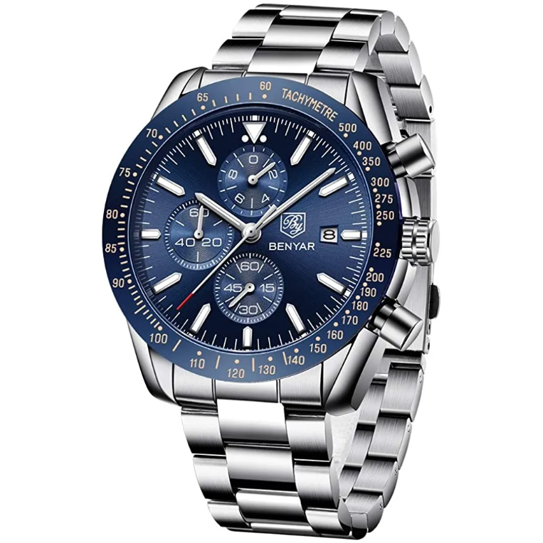 BENYAR Montre Homme Chronographe Etanche Lumineuse Classique Argent Bleu