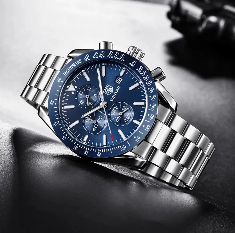 BENYAR Montre Homme Chronographe Etanche Lumineuse Classique Argent Bleu