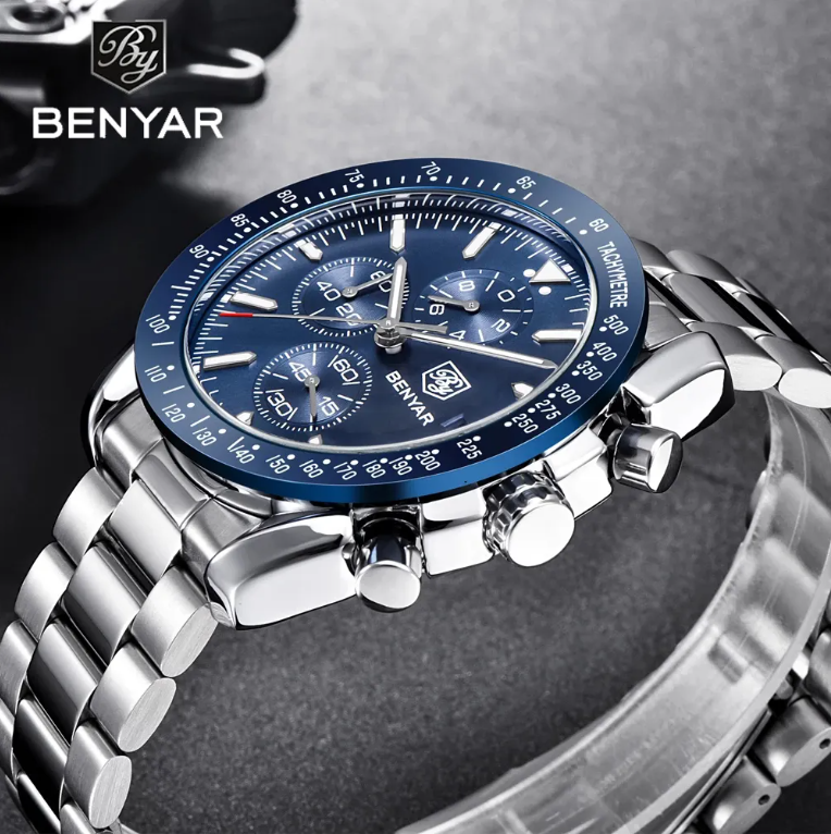 BENYAR Montre Homme Chronographe Etanche Lumineuse Classique Argent Bleu