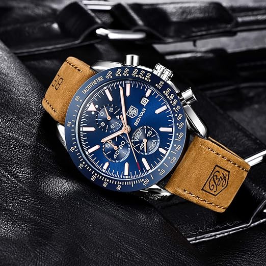 BENYAR Montre pour Homme Chronographe Cadran Bleu Argent Bracelet Cuir Marron