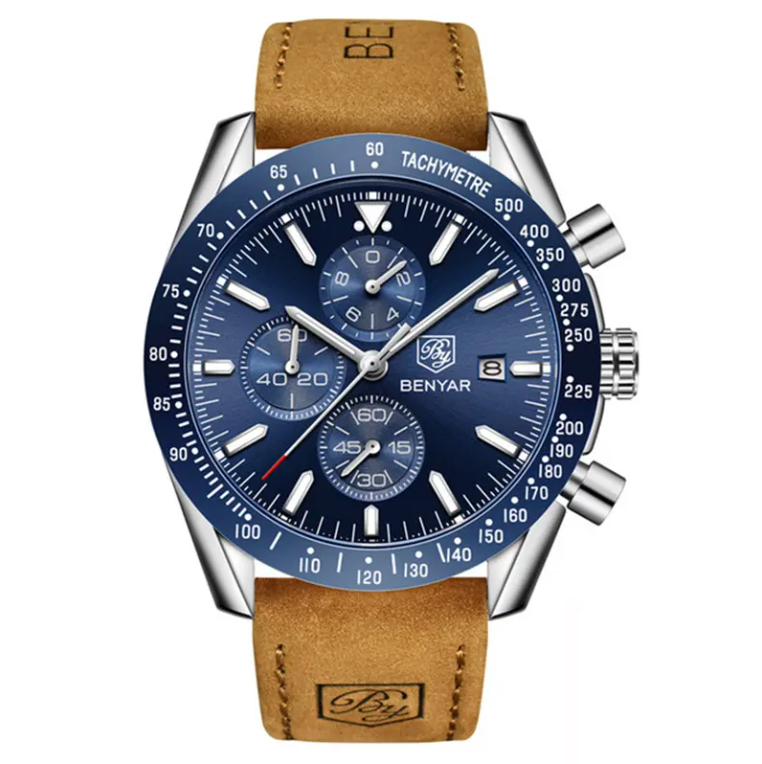 BENYAR Montre pour Homme Chronographe Cadran Bleu Argent Bracelet Cuir Marron