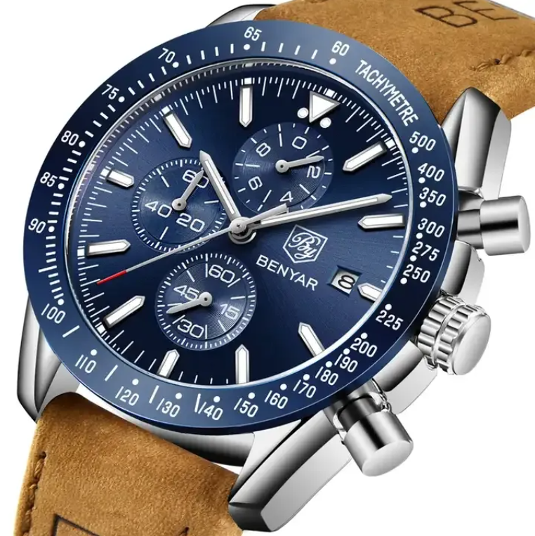 BENYAR Montre pour Homme Chronographe Cadran Bleu Argent Bracelet Cuir Marron
