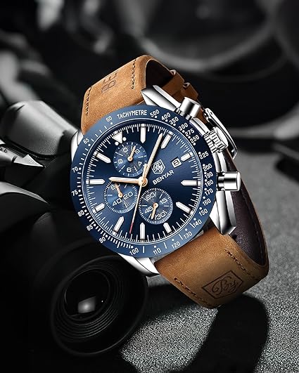 BENYAR Montre pour Homme Chronographe Cadran Bleu Argent Bracelet Cuir Marron