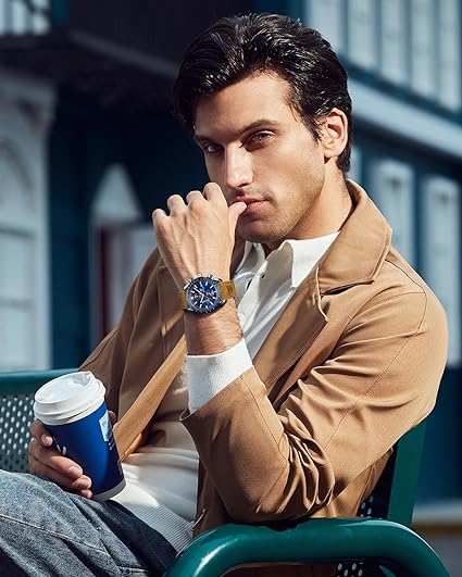 BENYAR Montre pour Homme Chronographe Cadran Bleu Argent Bracelet Cuir Marron