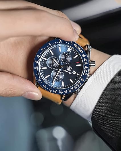 BENYAR Montre pour Homme Chronographe Cadran Bleu Argent Bracelet Cuir Marron