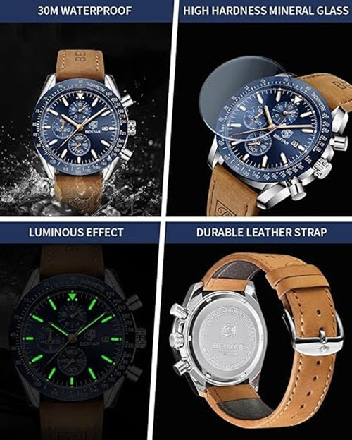 BENYAR Montre pour Homme Chronographe Cadran Bleu Argent Bracelet Cuir Marron