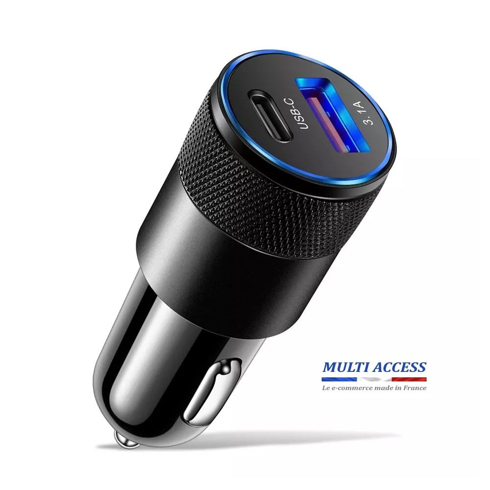Chargeur Allume Cigare USB C Rapide 3.1 A Voiture smartphone iPhone Samsung Noir