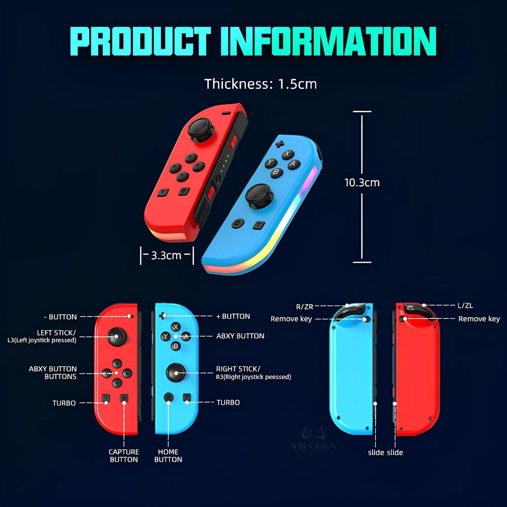Manette pour Nintendo Switch Joy-Con Contrôleur sans fil Bleu Rouge LED RVB (Générique)