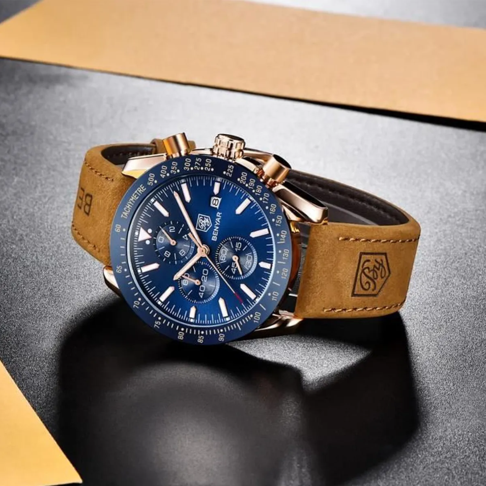 Montre pour Homme Chronographe BENYAR cadran Bleu Cuivre Bracelet Cuir Marron
