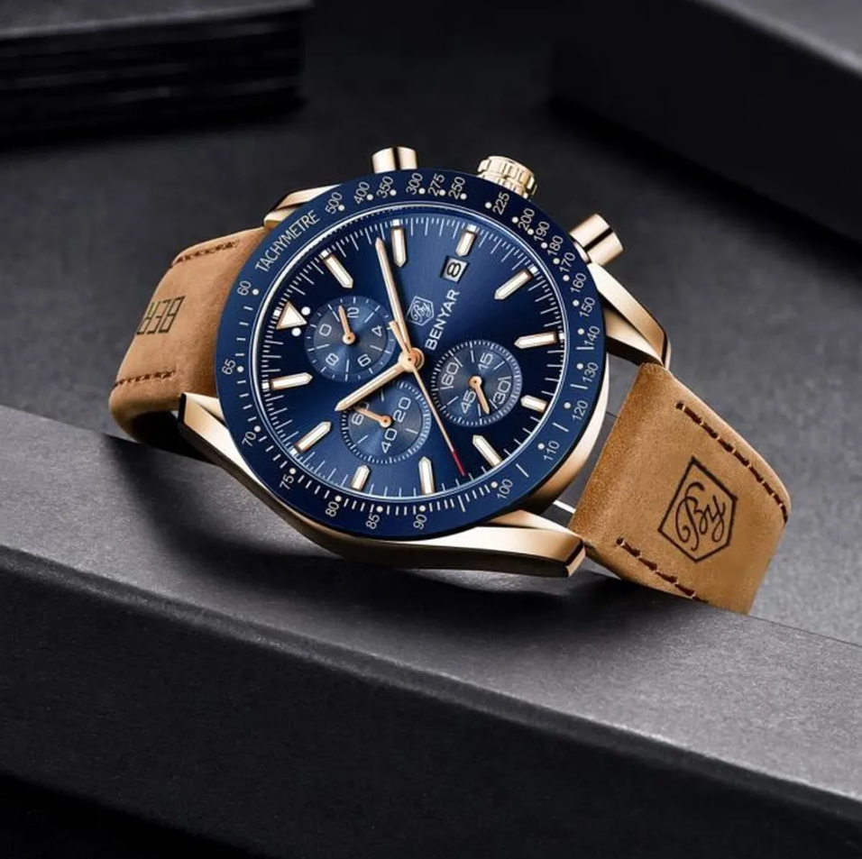 Montre pour Homme Chronographe BENYAR cadran Bleu Cuivre Bracelet Cuir Marron