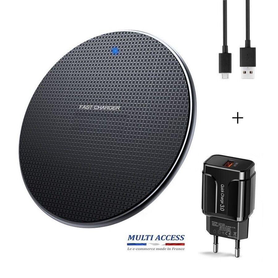 Chargeur sans fil Induction Rapide + Secteur Noir iPhone Samsung Huawei Xiaomi