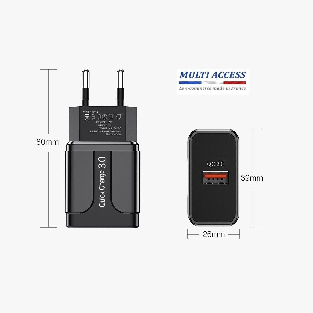 Chargeur sans fil Induction Rapide + Secteur Noir iPhone Samsung Huawei Xiaomi