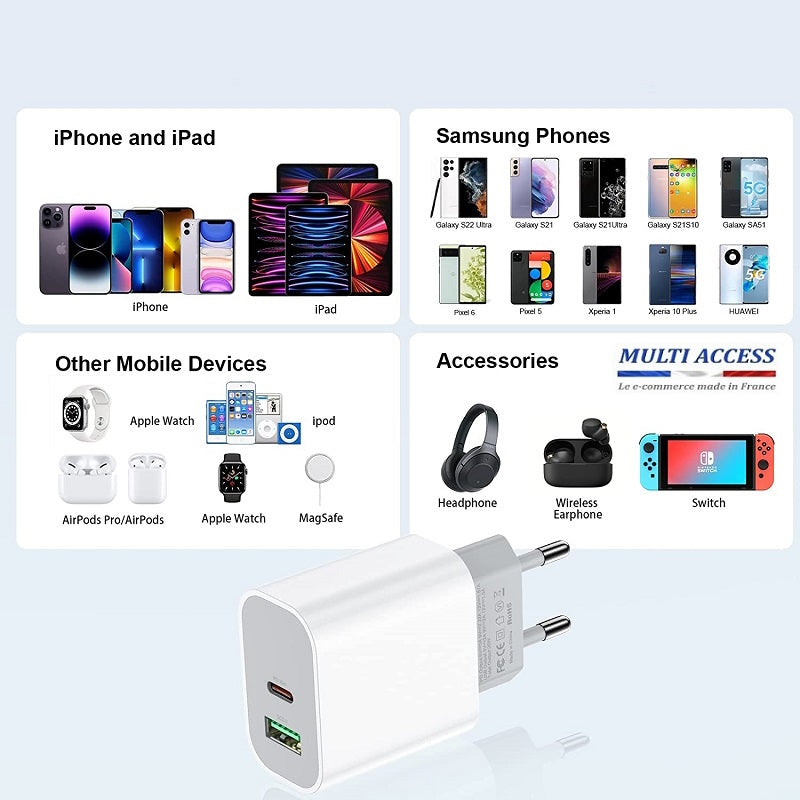 Chargeur USB C Rapide 20 W Secteur Pour iPhone 15/14/13/12 Samsung S23/S22/S21