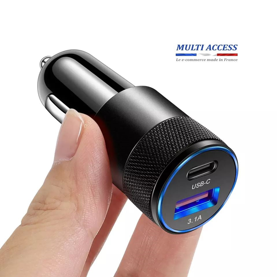 Chargeur Allume Cigare USB C Rapide 3.1 A Voiture smartphone iPhone Samsung Noir