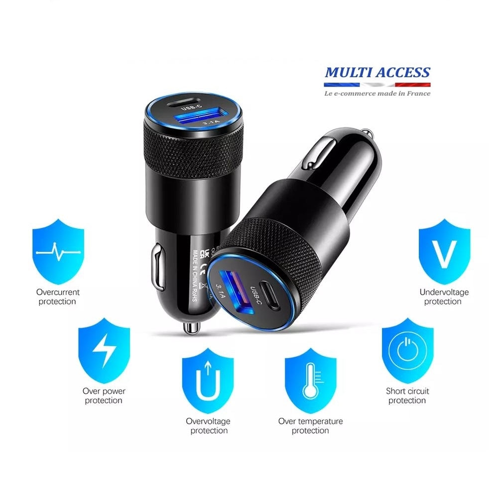 Chargeur Allume Cigare USB C Rapide 3.1 A Voiture smartphone iPhone Samsung Noir