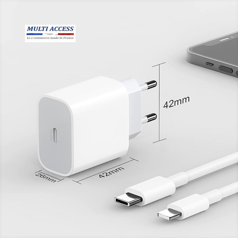 Chargeur USB C Rapide 20 W Secteur + Câble Pour iPhone 14/13/12/11/XR/Xs/8/7