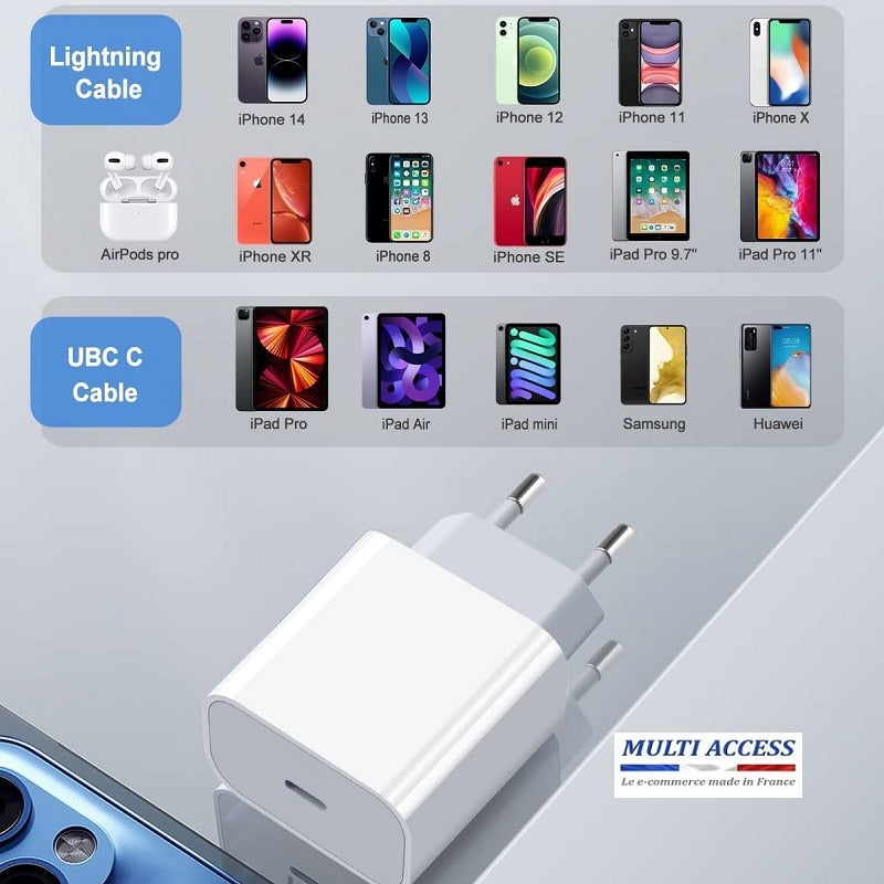 Chargeur USB C Rapide 20 W Secteur + Câble Pour iPhone 14/13/12/11/XR/Xs/8/7