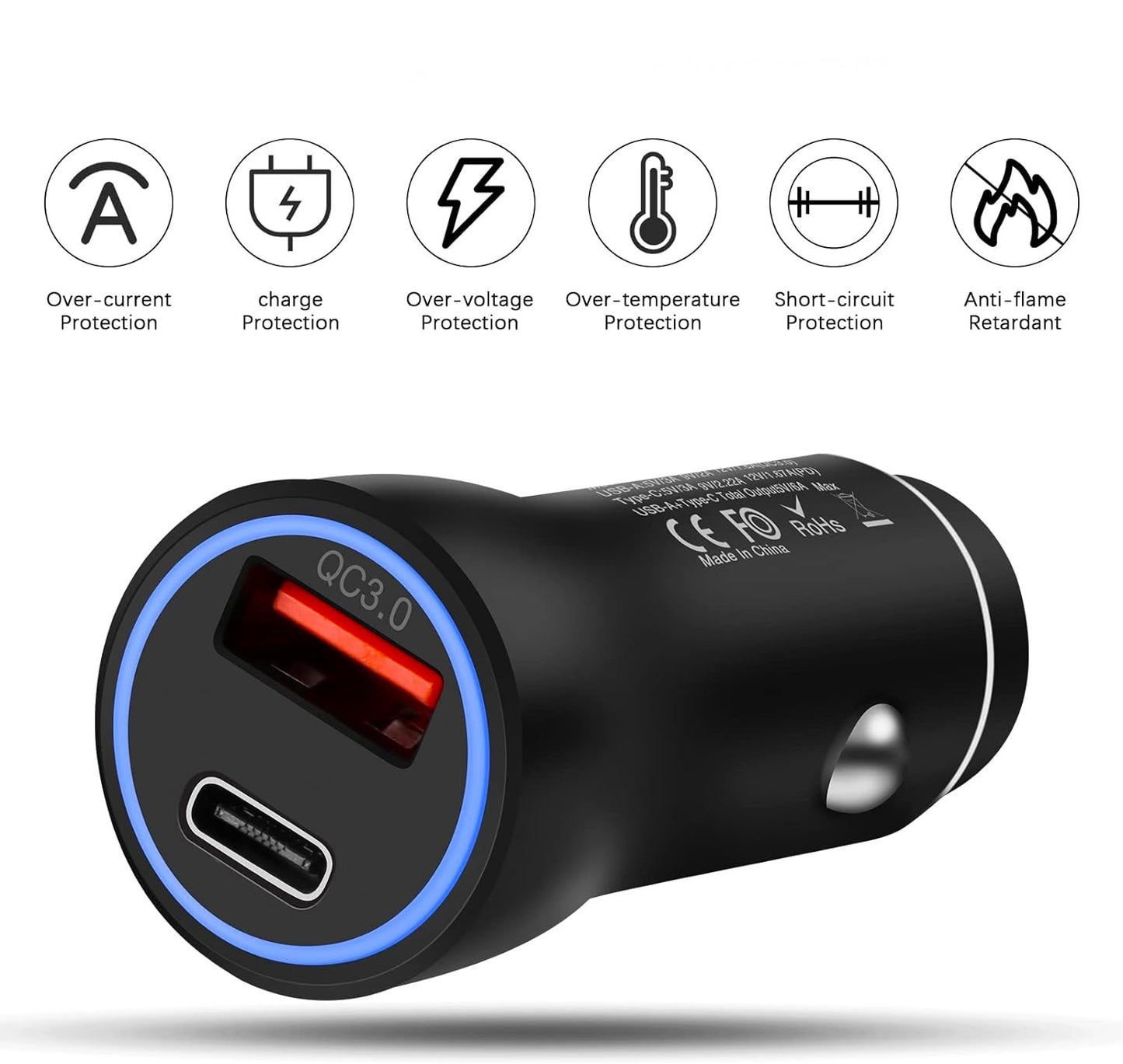 Chargeur allume cigare USB C Rapide Voiture PD & QC3.0 Noir Universel