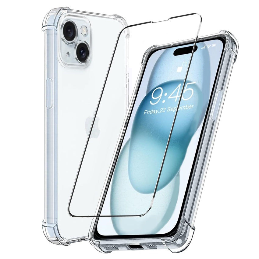 Coque iphone 15 Anti-choc Transparente + 1 Verre Trempé Protection Caméra