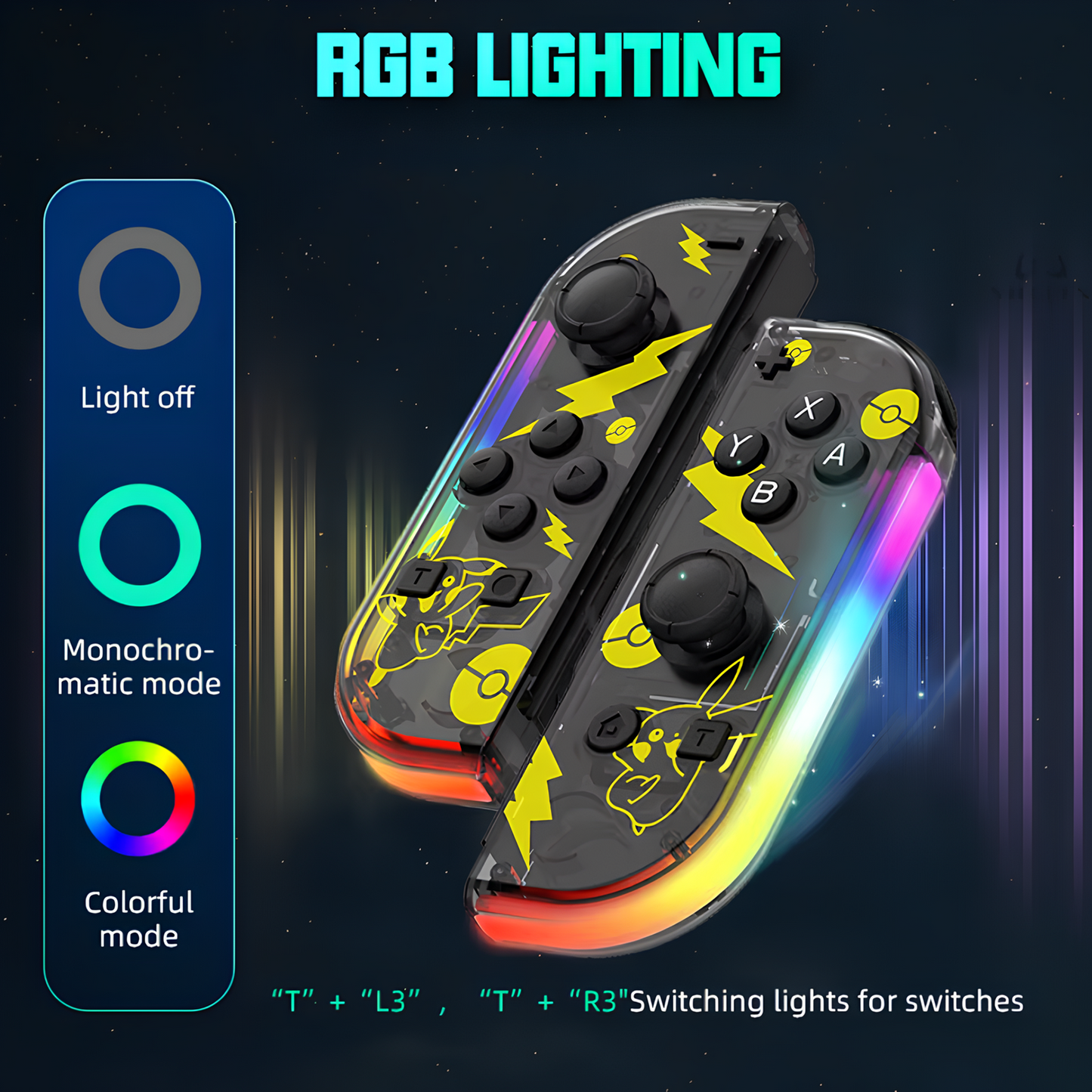 Manette compatible Nintendo Switch / OLED Joy-Con sans fil Pikachu Noir LED RVB