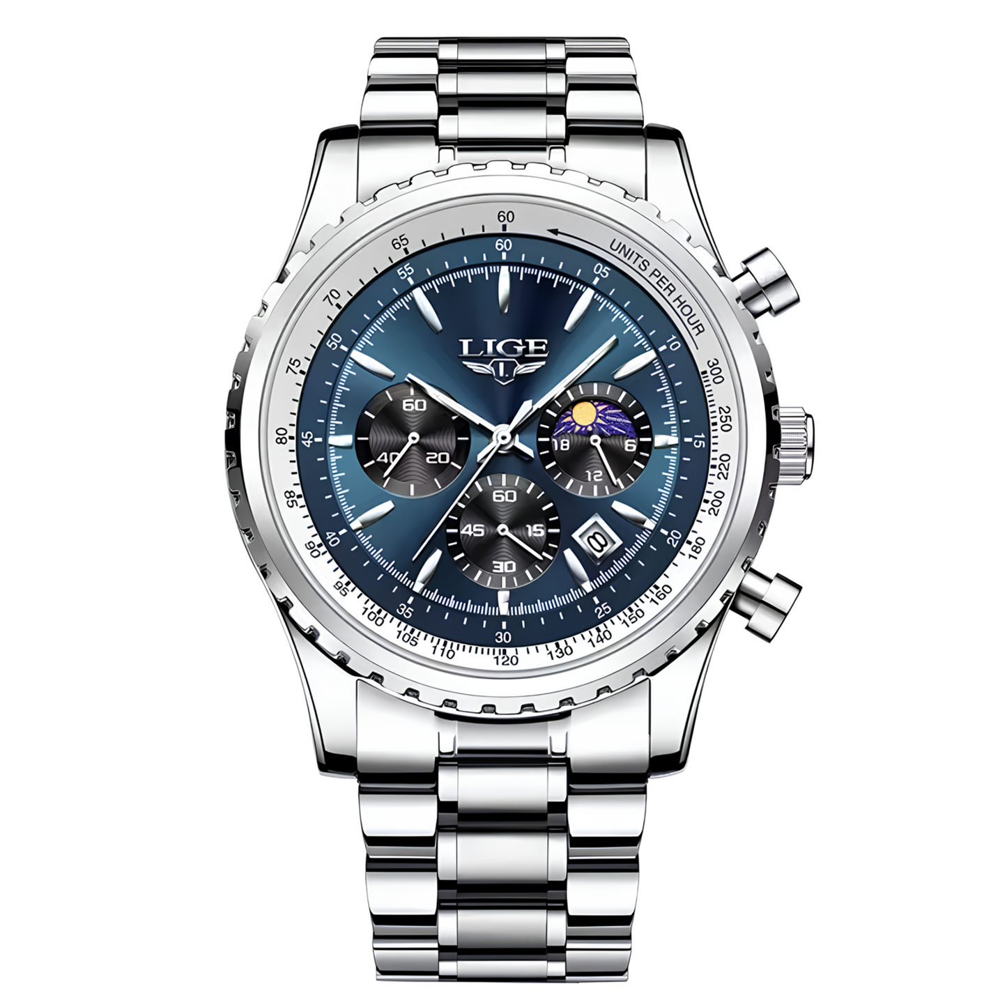 Montre Homme Lige Chronographe Quartz Étanche Montre-bracelet Acier Cadran Bleu