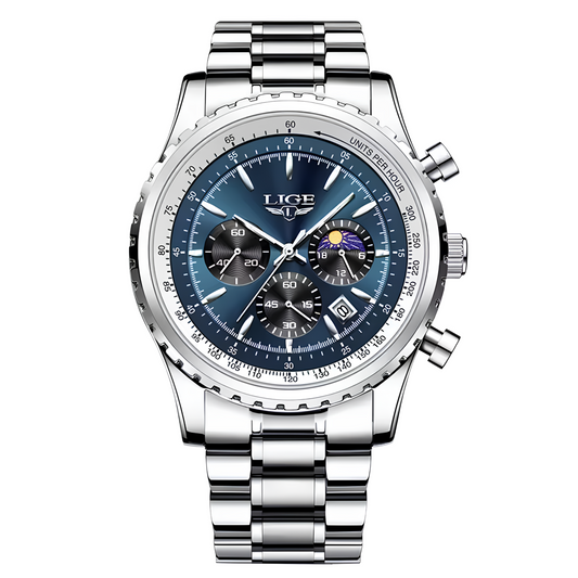 Montre Homme Lige Chronographe Quartz Étanche Montre-bracelet Acier Cadran Bleu