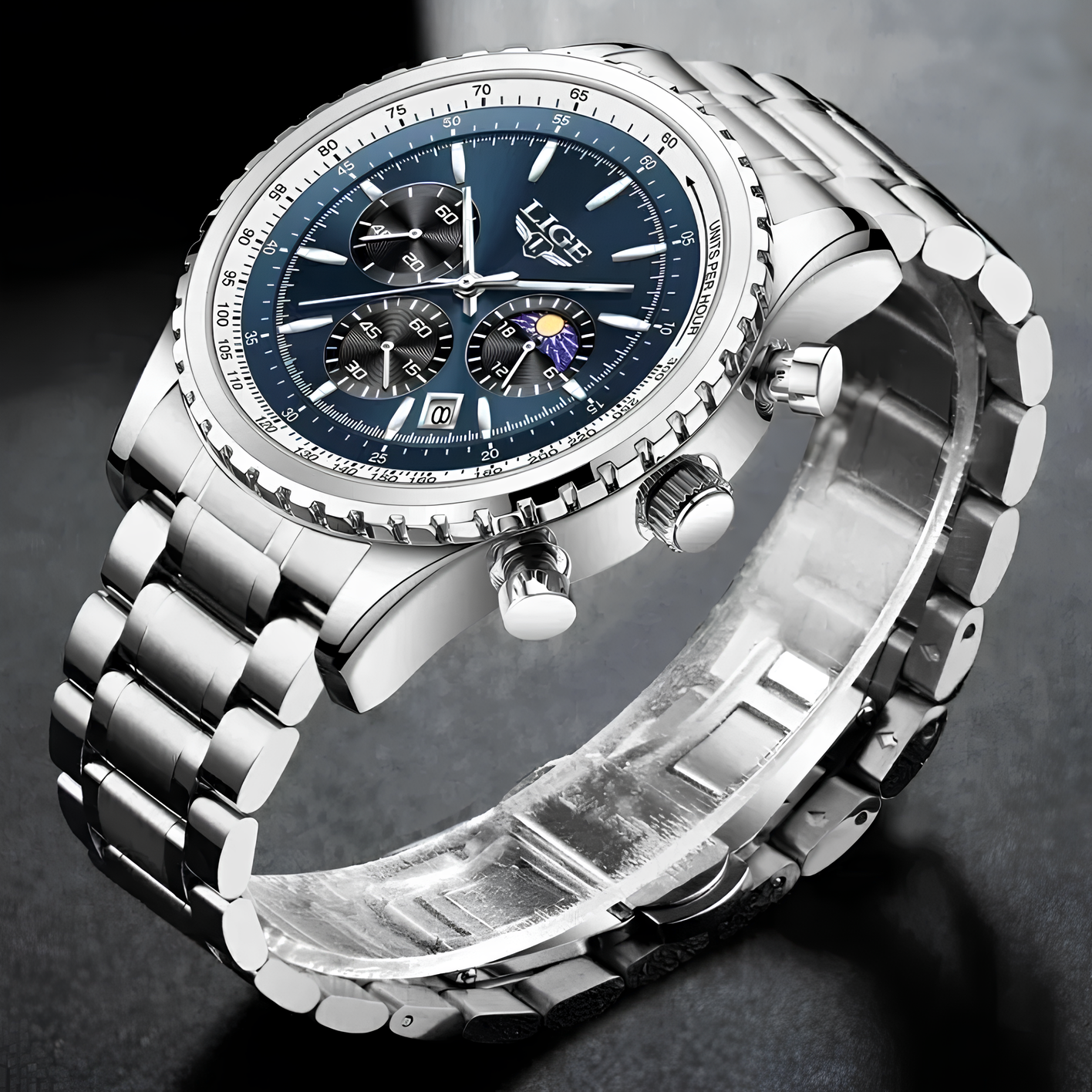 Montre Homme Lige Chronographe Quartz Étanche Montre-bracelet Acier Cadran Bleu