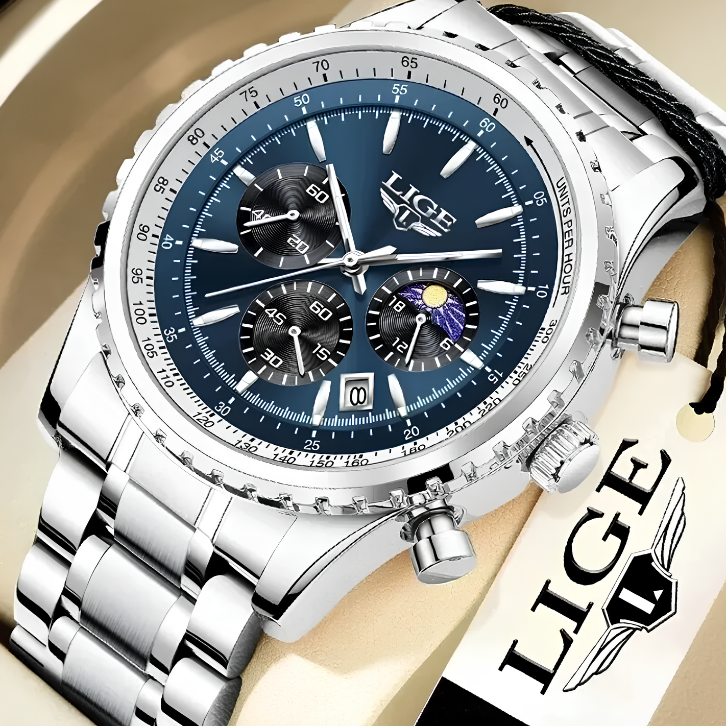 Montre Homme Lige Chronographe Quartz Étanche Montre-bracelet Acier Cadran Bleu