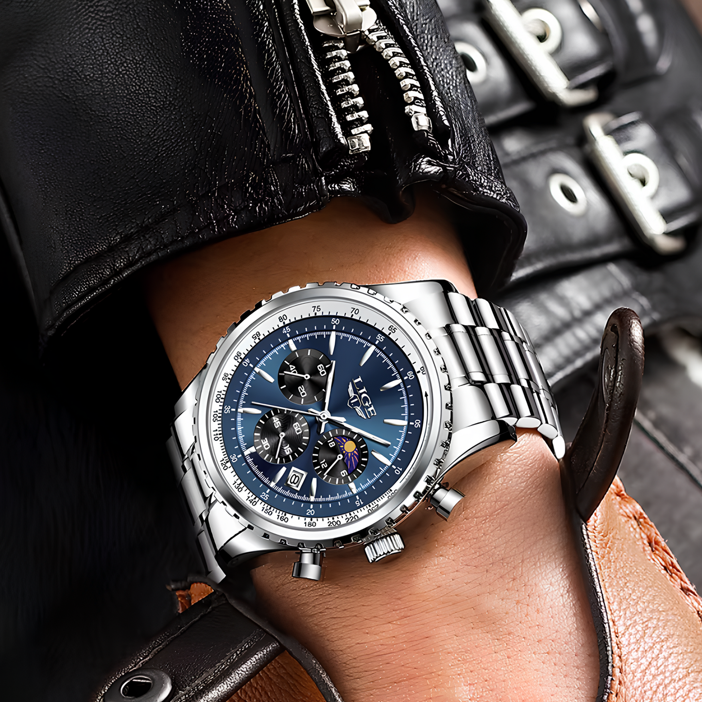 Montre Homme Lige Chronographe Quartz Étanche Montre-bracelet Acier Cadran Bleu