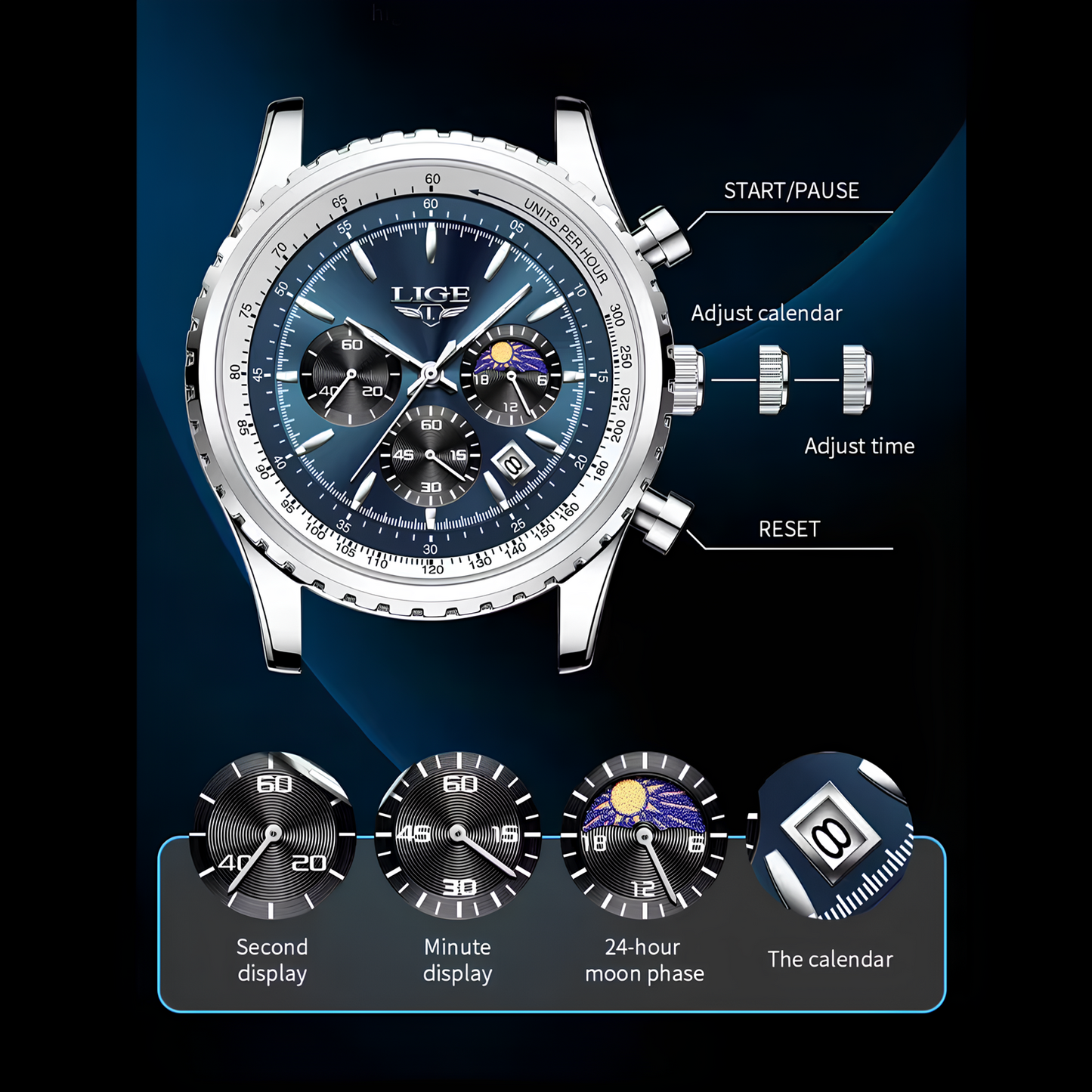 Montre Homme Lige Chronographe Quartz Étanche Montre-bracelet Acier Cadran Bleu