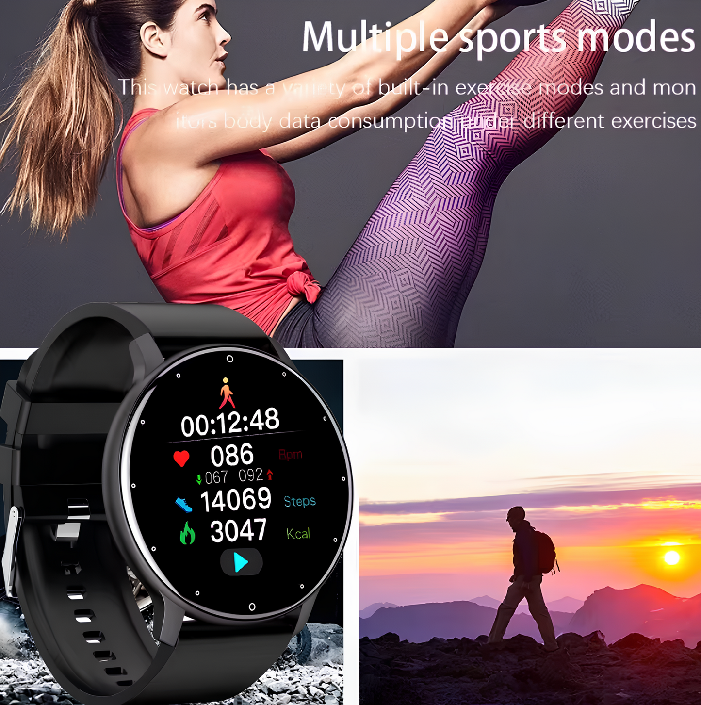 Montre Connectée Homme Femme Smartwatch Intelligente Sport Étanche Noir Android iOS