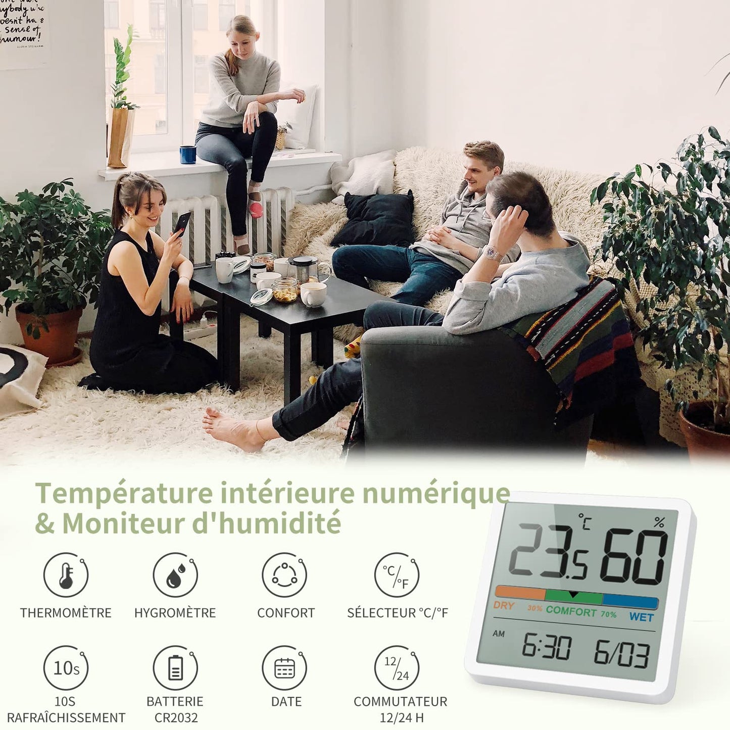 Thermomètre Hygromètre d'intérieur numérique moniteur de température / humidité