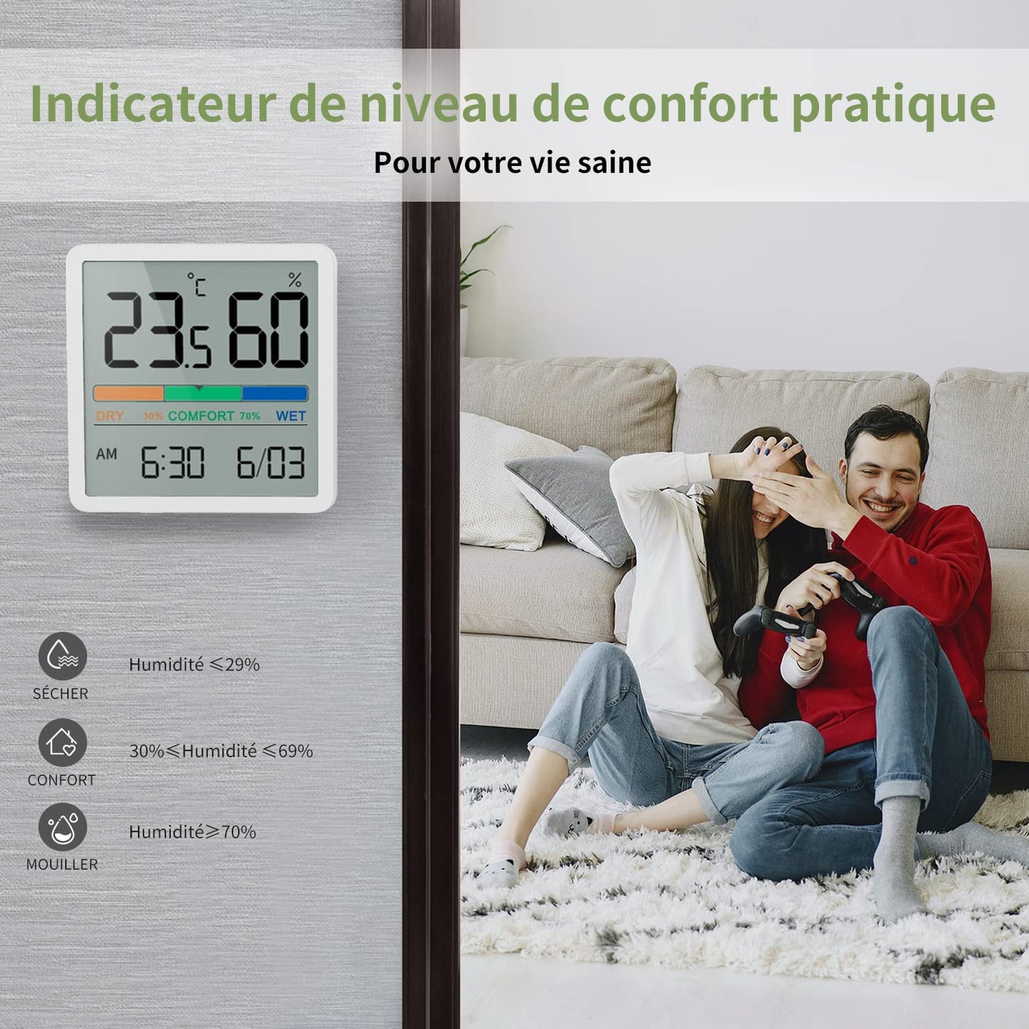 Thermomètre Hygromètre d'intérieur numérique moniteur de température / humidité
